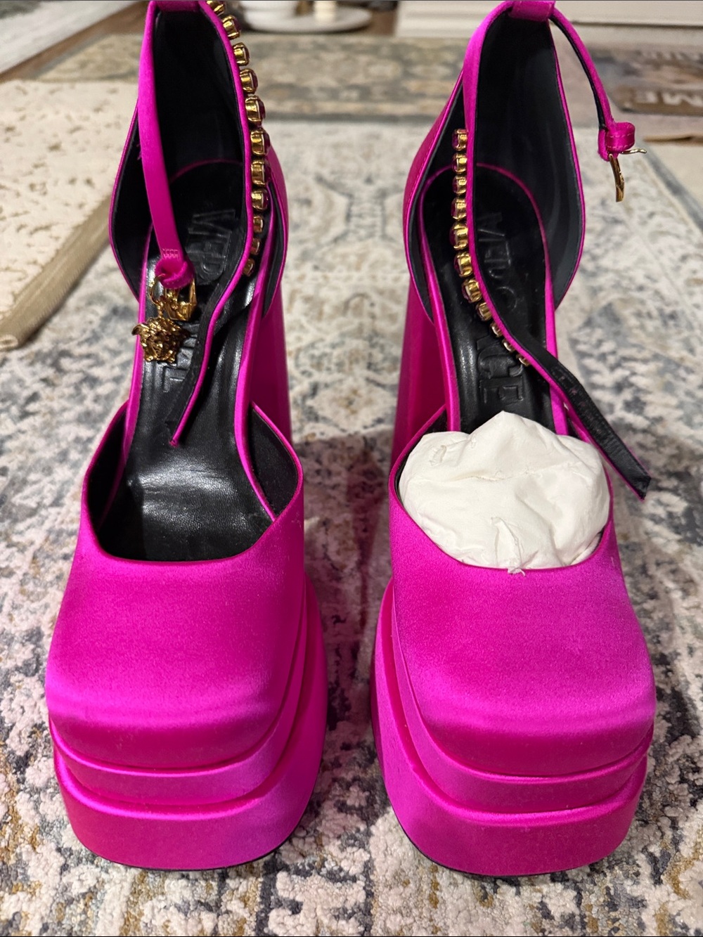 Versace Aevitas Hot Pink Platform Satin Women's Heels with Gold Accent